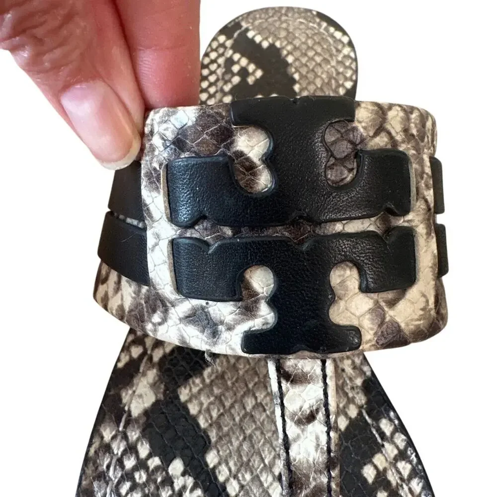 Tory Burch Leigh Thong Sandals 8.5 Roccia Snakeskin Black Logo